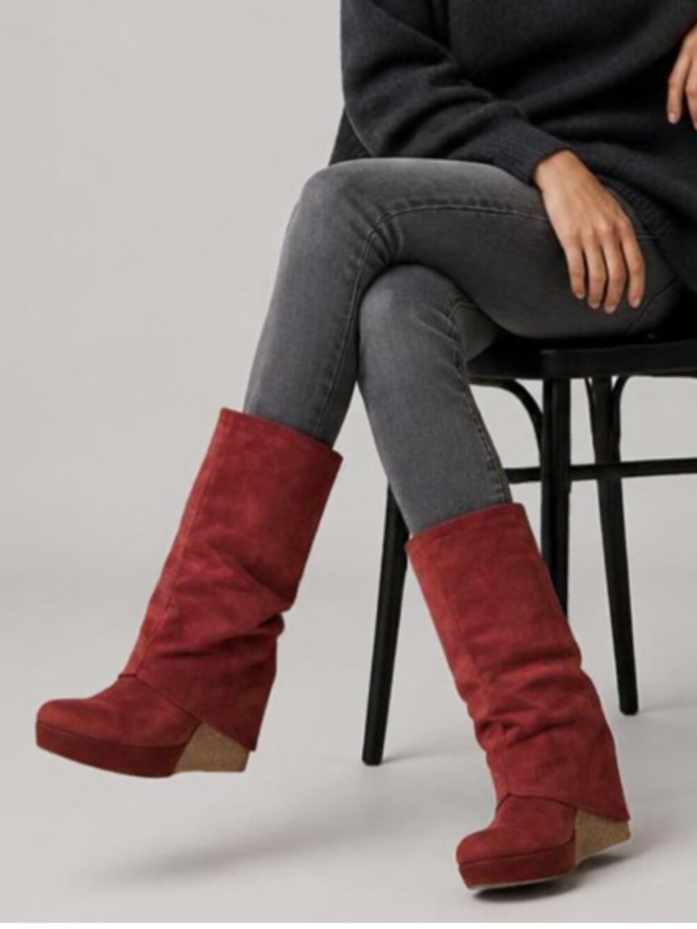 Red Slouchy Foldover Italian Suede Boots Size 8